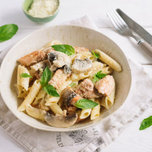 Пенне с курицей, индейкой и шампиньонами | Penne with slices of chicken and turkey and mushrooms in a creamy sauce, grated cheese and fresh basil leaves.